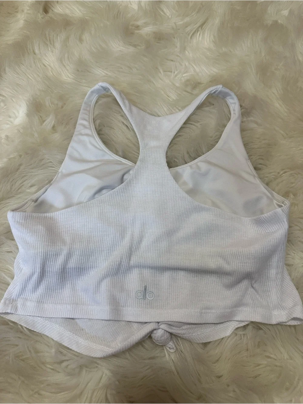 ALO Yoga White Ribbed Knot-Front Racerback Sports crop tank